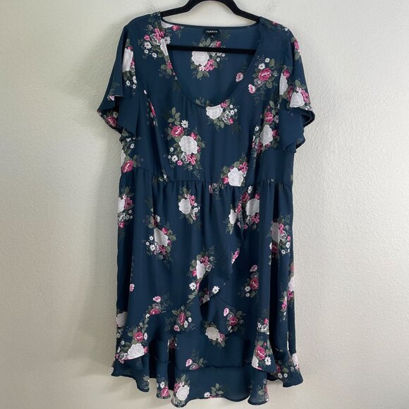 Torrid Womens Plus 2X Lexie Navy Floral Georgette Hi-Lo Tunic Top Short Sleeve - Picture 7 of 12